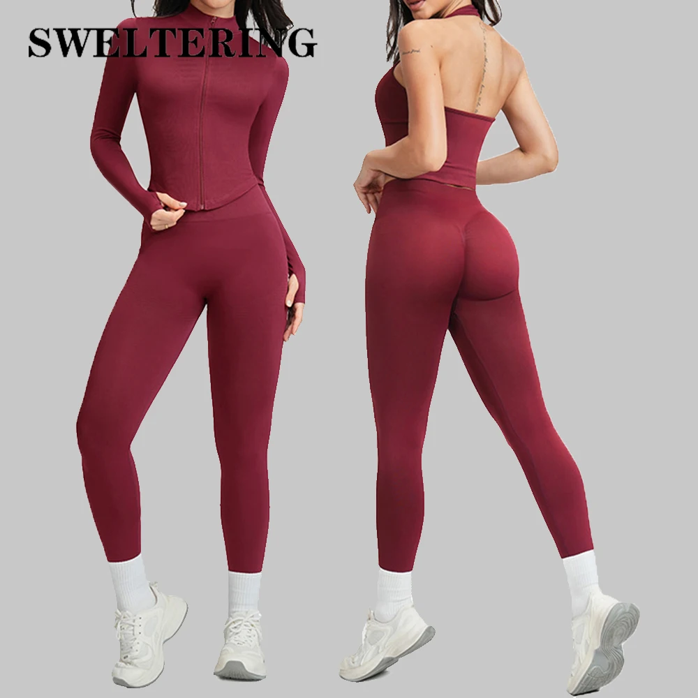 SWELTERING 2/3PCS Seamless Yoga Set Fitness Suits Gym Clothes Women Long Sleeved Tracksuits Sports Bra Gym Leggings Sportswear