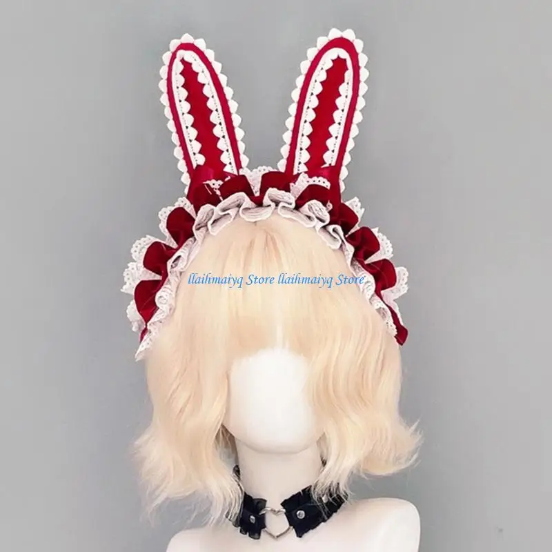 

573B Элегантная кружевная повязка для волос с кроличьими ушками и бантом Декоры Аниме Заколка для волос Удобный костюмная для на