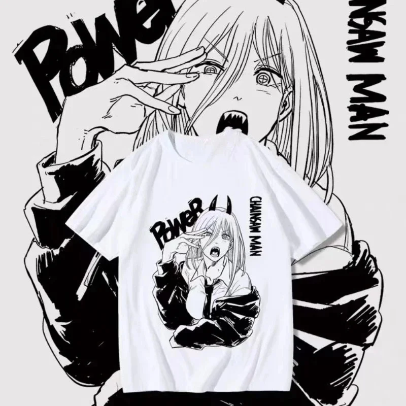 Adult and Children Chainsaw Man Pawa Classic Manga Panels Cotton T-Shirt! Power Black and White Line Anime Short Sleeve