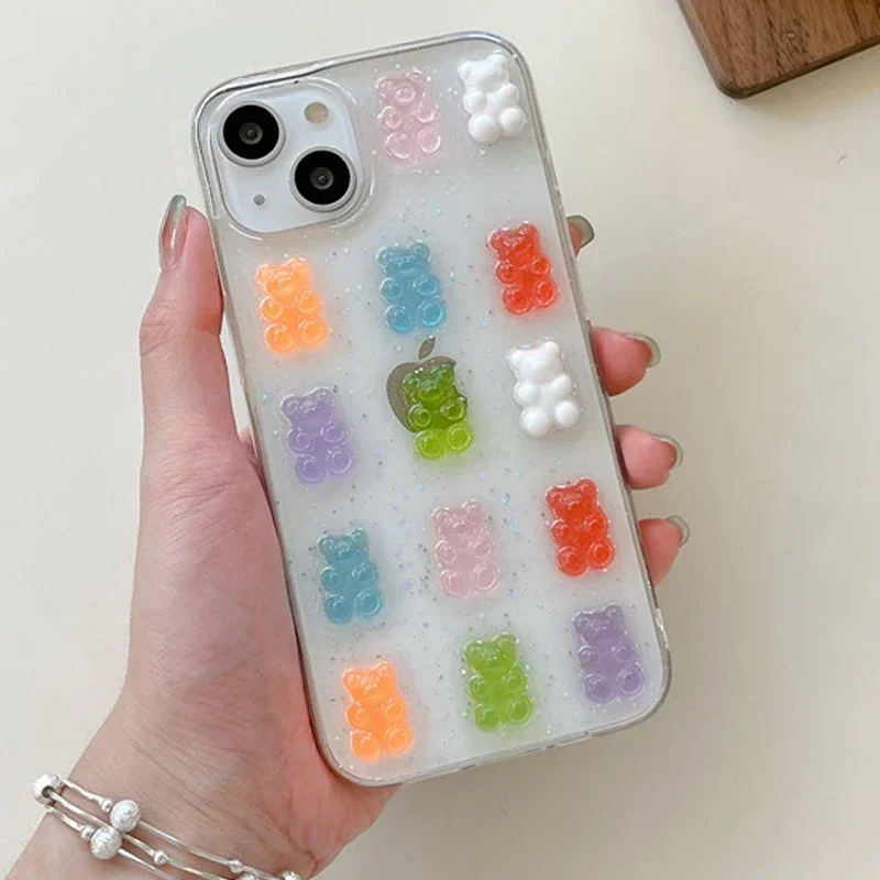 3D Candy Color Bear Case For iphone 16 15 14 13 12 Mini 11 Pro Max XS XR X 8 7 Plus SE 2 3 Silicone Soft TPU Transparent Cover