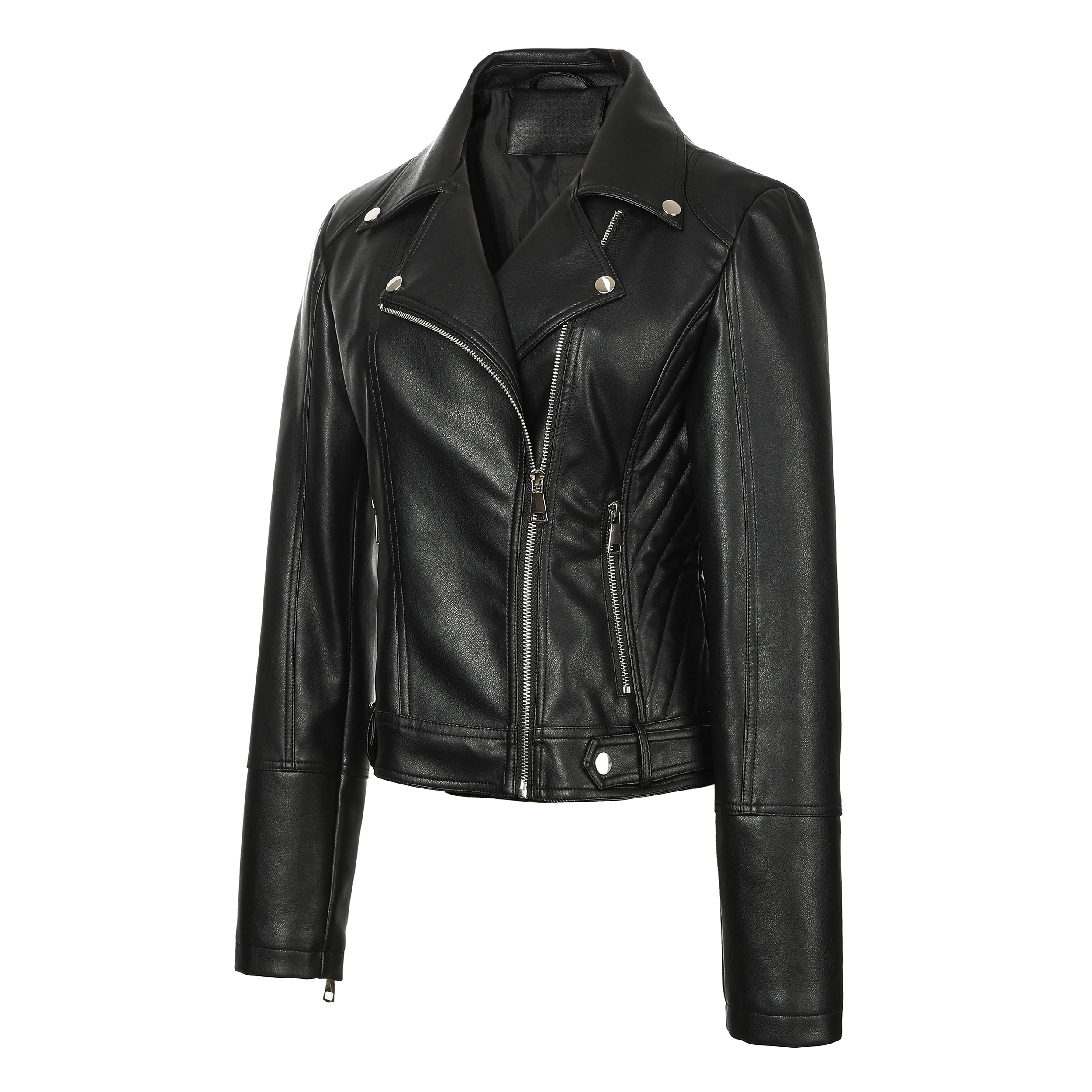 ⭐   女性用バイカースタイルPUレザージャケット - ジッパーとボタン付きビーガンフェイクオートバイジャケット (ブラック/ホワイト/レッド/グリーン)