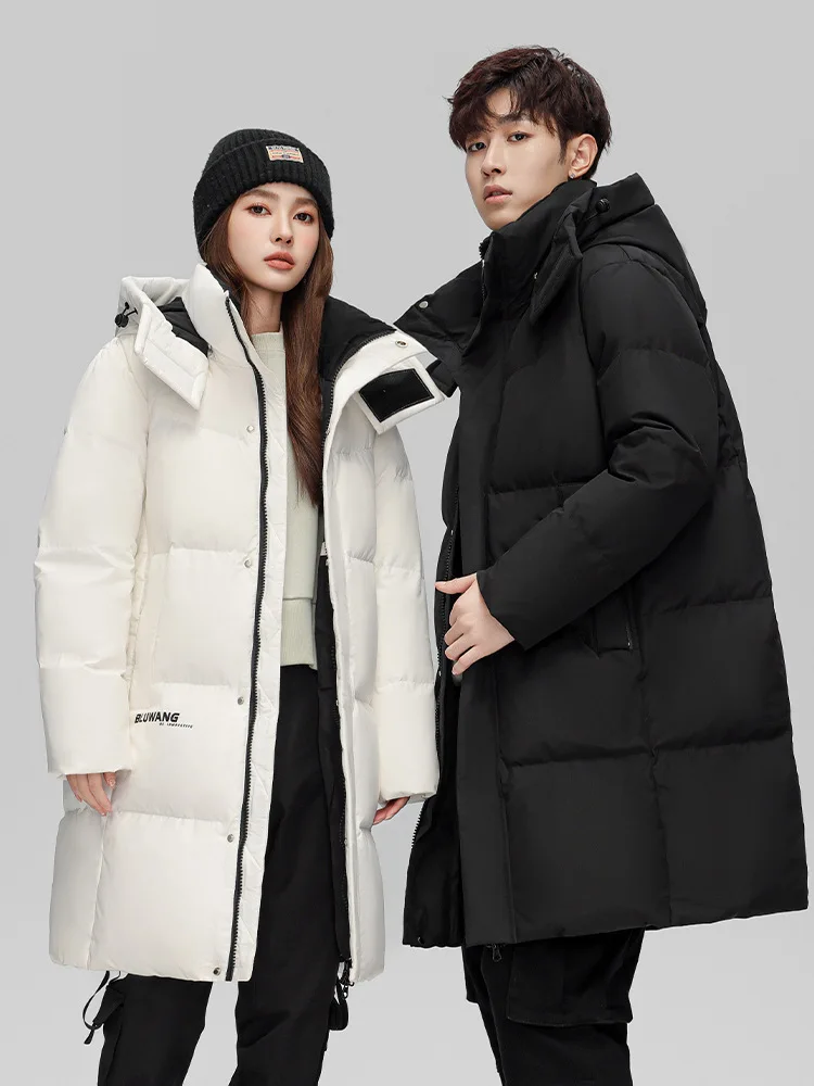 

Зимний утолщенный пуховик для мужчин и женщин, средней длины, 90% белый утиный пух, модный капюшон, морозостойкое, теплое пальто