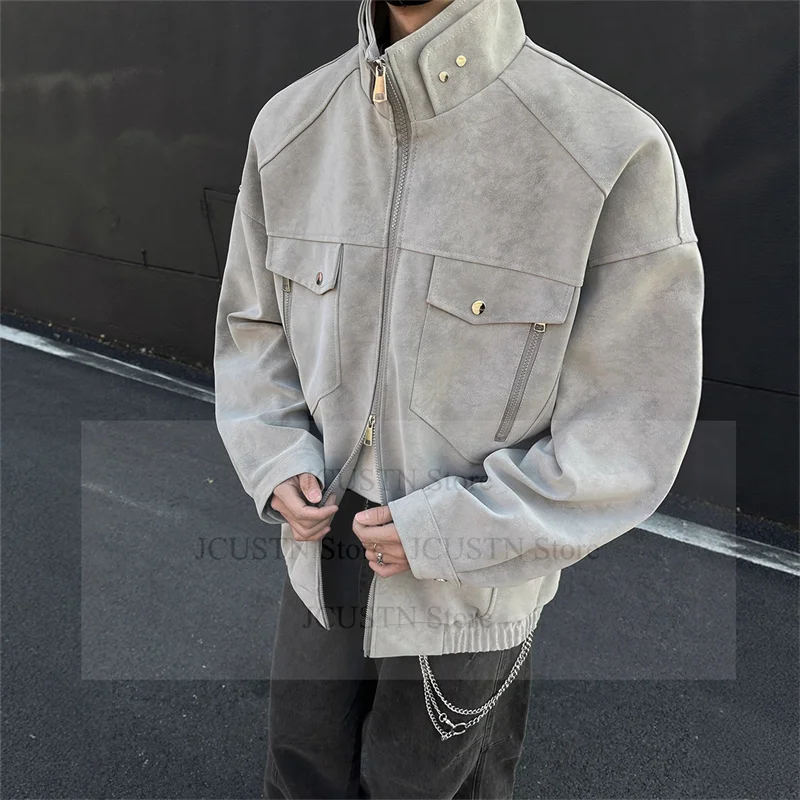 

Куртка из искусственной кожи, мужская осенне-зимняя новая замшевая рабочая одежда с воротником-стойкой, куртка коричневого кофейного цвета, уличная модная верхняя одежда