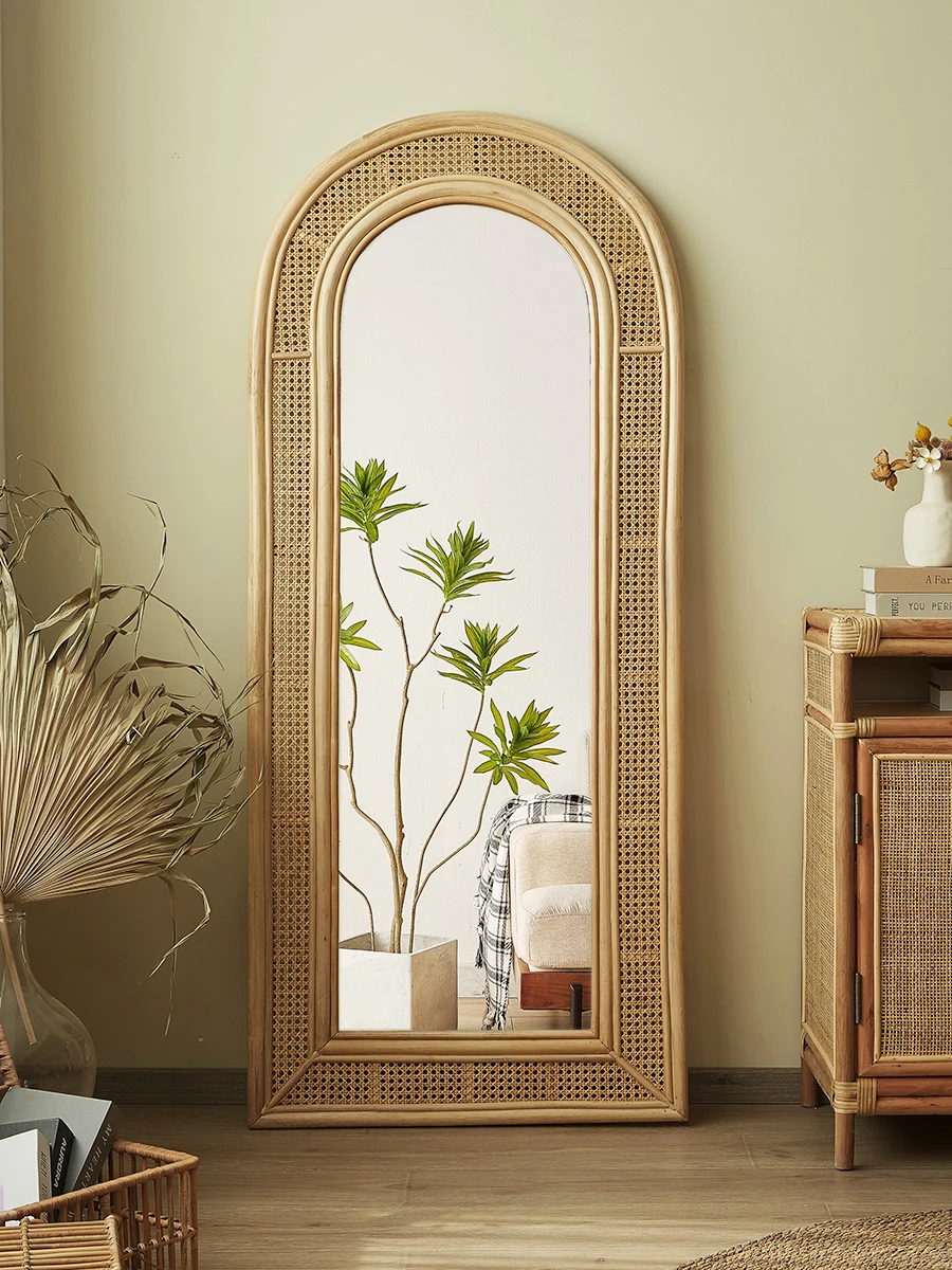 Vintage natural rattan woven fitting mirror, full-body landing, home bedroom design, home stay simple