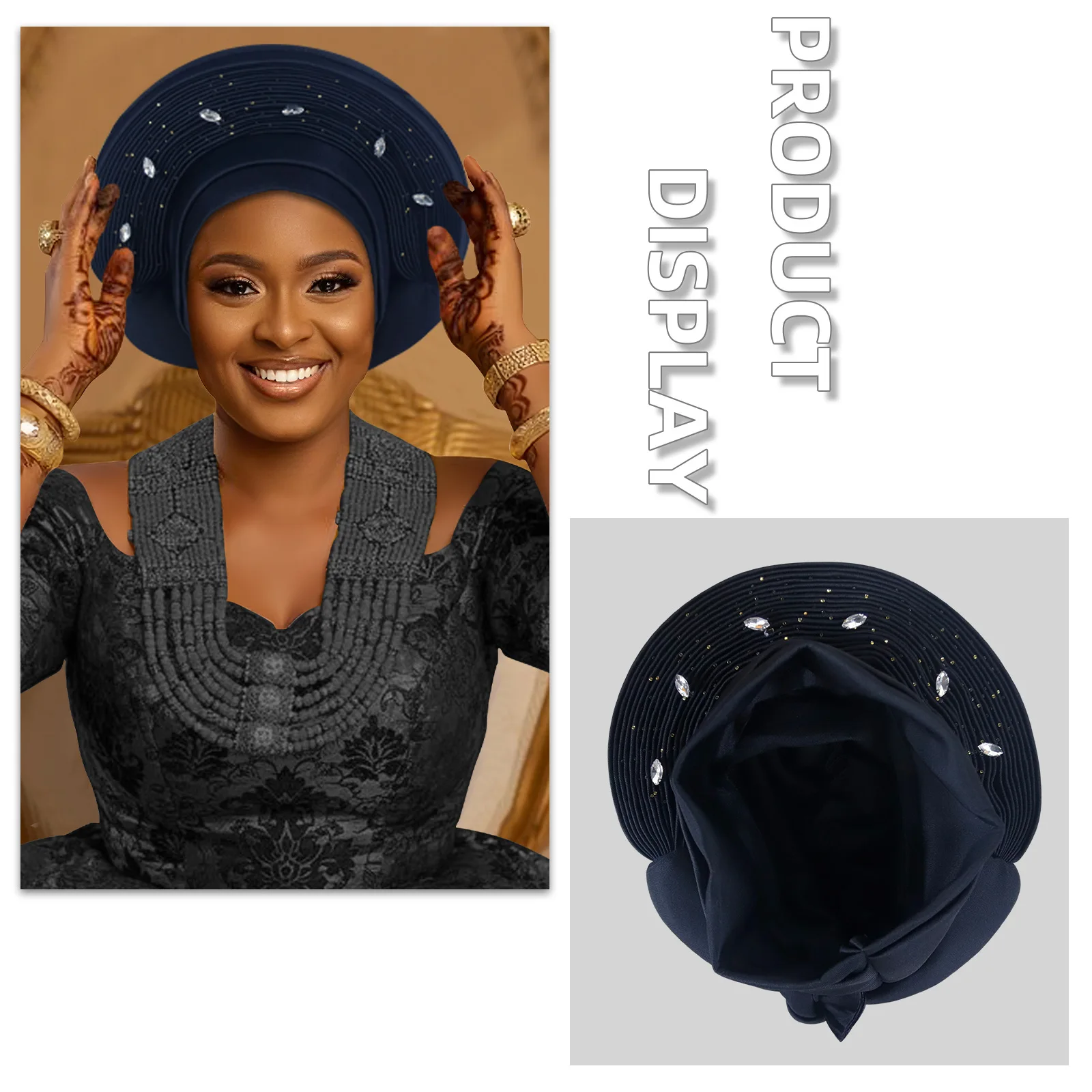 

Многослойная плиссированная шляпа-тюрбан с бриллиантами, африканские повязки на голову, нигерийский головной убор, кепка с авто гелем, женский хиджаб, капот для свадебной вечеринки