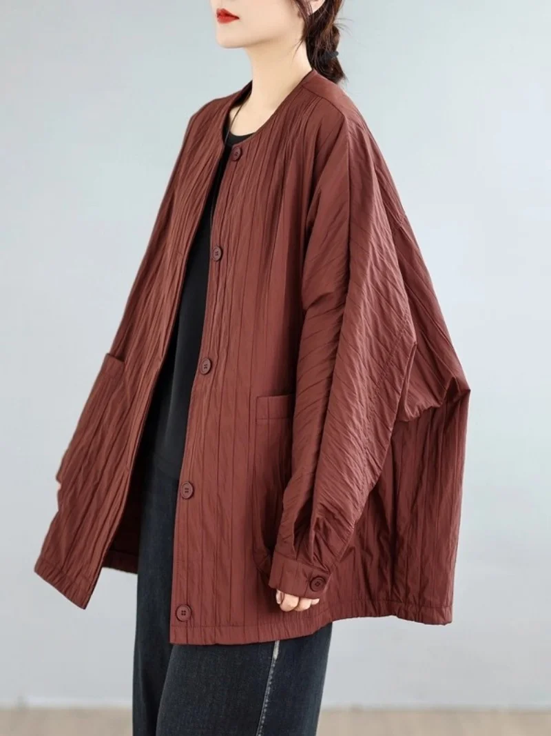 

Негабаритная куртка-рубашка с круглым вырезом для женщин, осень 2024, новый дизайн, простое и свободное темпераментное пальто большого размера W888