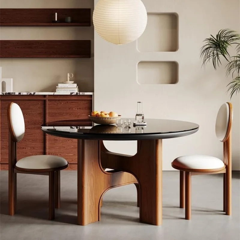 

Medieval tempered glass dining table and chairs household French retro walnut solid wood designer round dining table