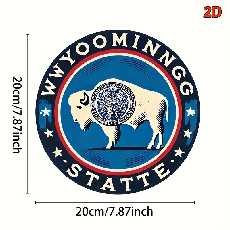 [2D Flat] Vintage Wyoming State Emblem Round Aluminum Sign - 8X 8inch, Featuring a Country Bison Emblem with Stars and Stripes, Perfect Decoration for Bars