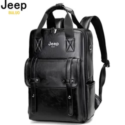 JEEP BULUO Waterproof 14 Inch Laptop Outdoor Sports Backpack Men Casual Travel Women Split Leather Male Vintage School Bag