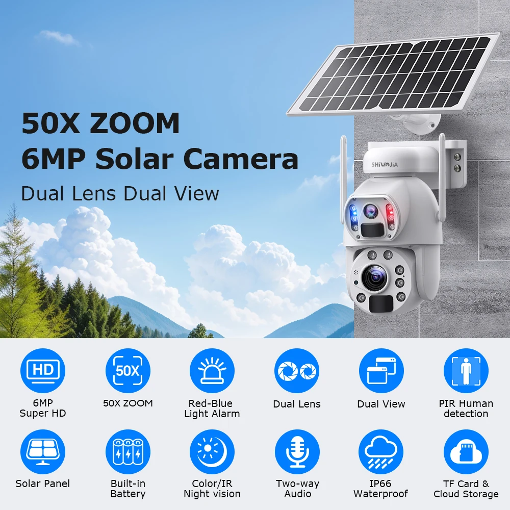 SHIWOJIA 50X Zoom 4G LTE Solar Security Camera 6MP Night Vision Dual-Lens Outdoor WiFi Solar Battery Camera PIR Human Detection