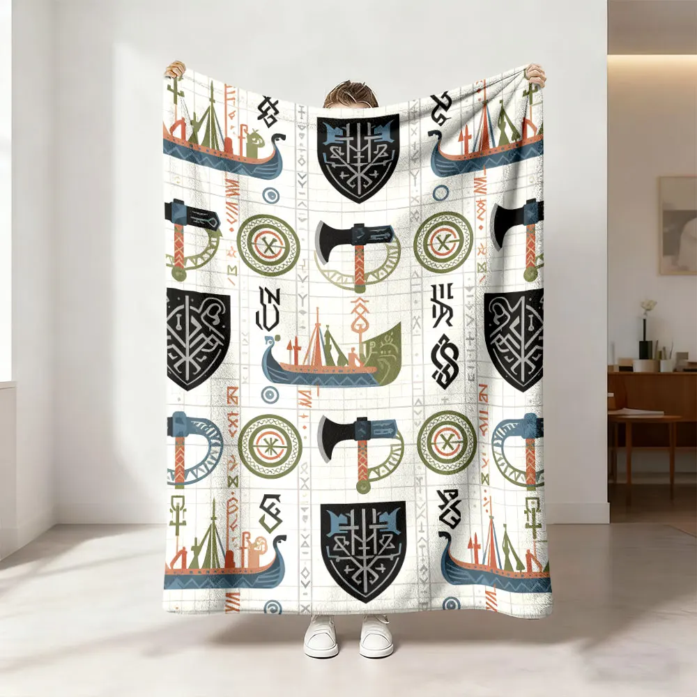 1pc Viking Warship Shield Axe Print 230g Flannel Blanket, Soft Cozy Throw Blanket For Sofa Leisure And Office Break Nap