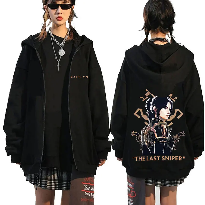 Anime Caitlyn Kiramman The Last Sniper Zipper Hoodie Male Otaku Game Fan Zip Up Jacket Men Women Cotton Oversized Zip Up Hoodies