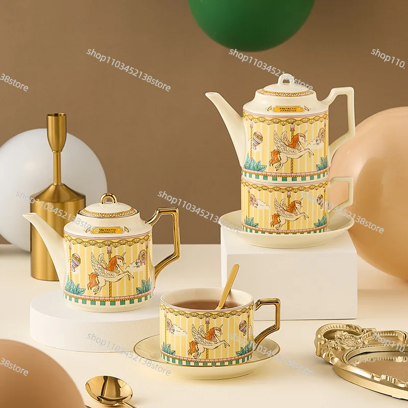 Ceramic Tea Set Carousel Gift Box British Teapot Gold-plated Coffee Cup and Saucer