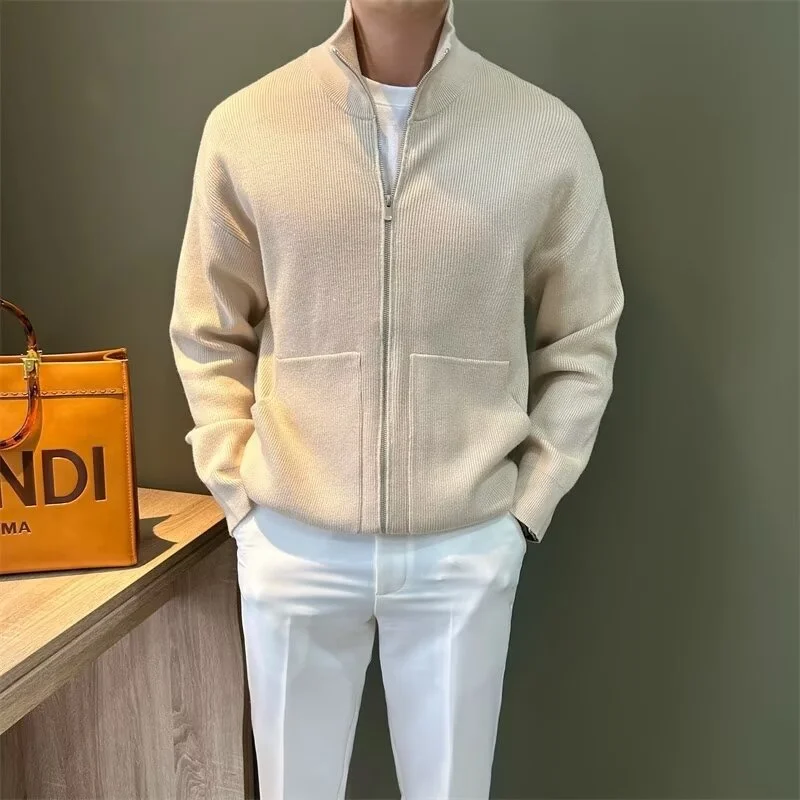 

Autumn and Winter Men Stretch Solid Color Zipper Cardigan Sweater Daily Casual Business Sweater Stand-up Collar Man Knitted Coat