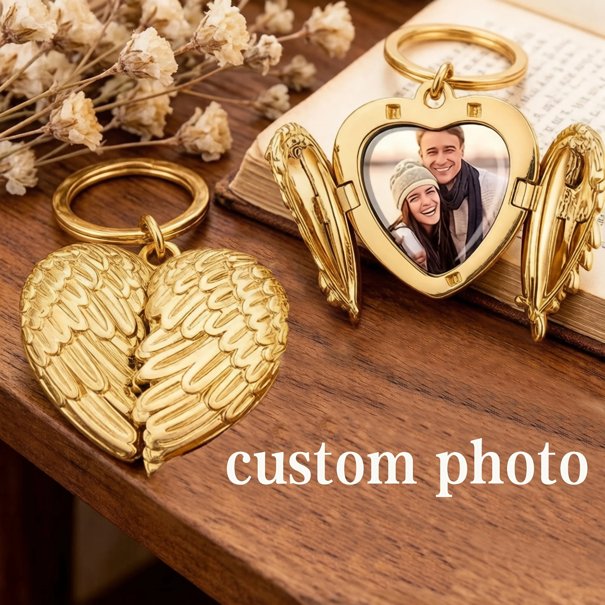 Personalized Angel Wing Small Box Locket Keychain Custom Picture Photo Pendant Keyring Unique Christmas Valentine Keepsake Gift