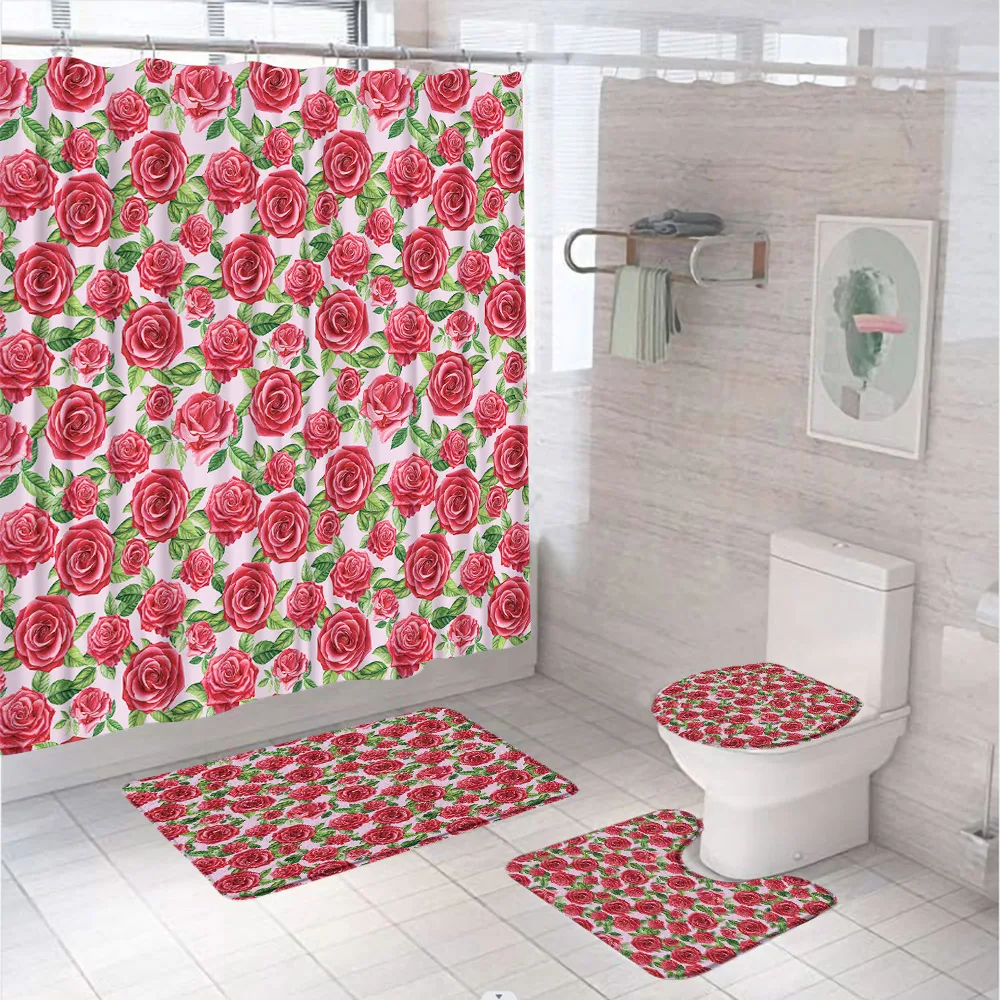 

Red Rose Flower Shower Curtain Set Non-Slip Rug Toilet Lid Cover Bath Mat Waterproof Polyester Fabric Bathroom Curtains 12 Hooks