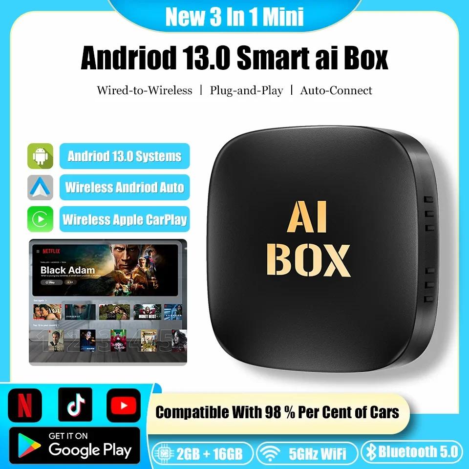 Nouveau 3in1 CarPlay Ai Box Android13 et Android Auto sans fil Mini adaptateur voiture multimédia boîte intégrée Netflix YouTube Google Play