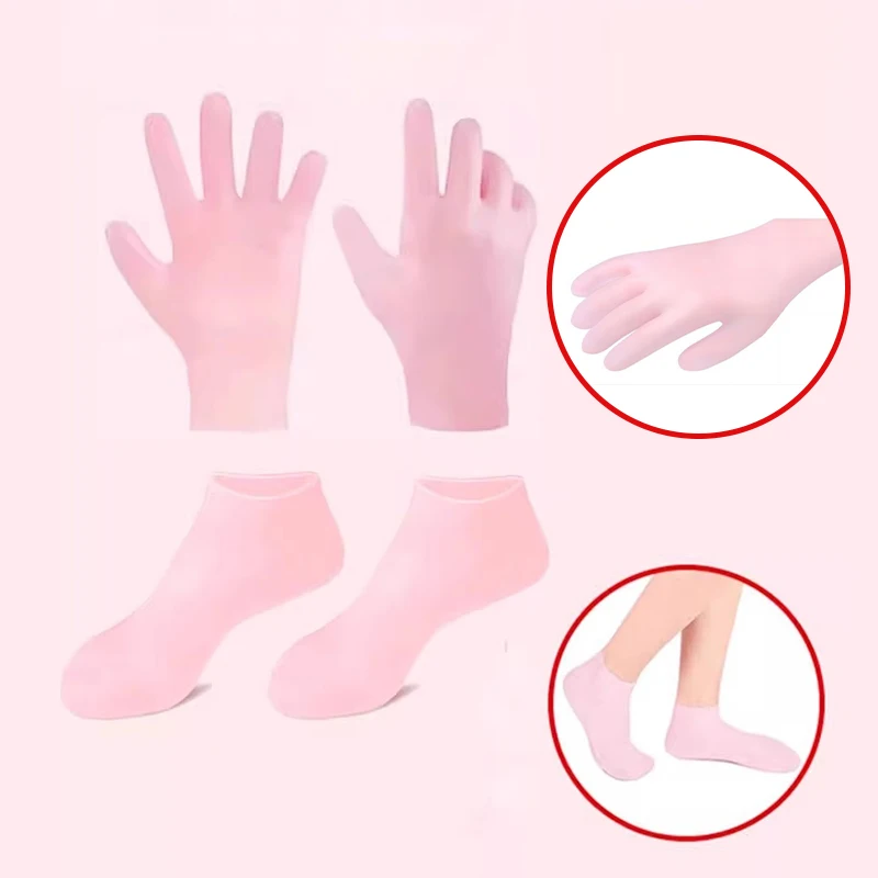 Guantes hidratantes de silicona de alta elasticidad, calcetines impermeables para baño de pies, antiseco, agrietado, juegos de máscaras exfoliantes para el cuidado de manos y pies