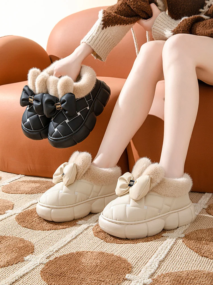 New bow cotton shoes autumn winter thick sole increase comfortable thick cartoon cute rabbit ears plush warm cotton shoes