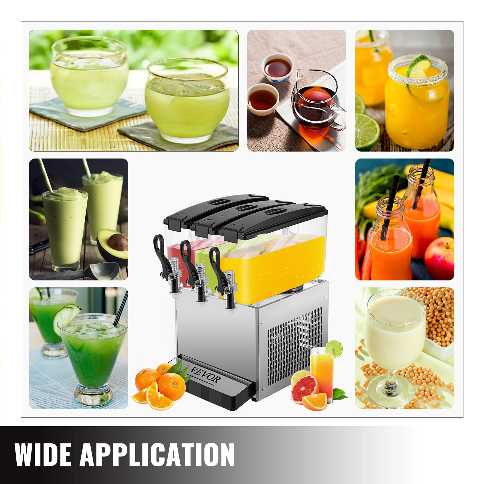 VEVOR Commercial Cold Beverage Dispenser 3 Tanks 9.5 Gallon Thermostat Controller Fruit Juice Machine 270W Ice Tea Drink Drink