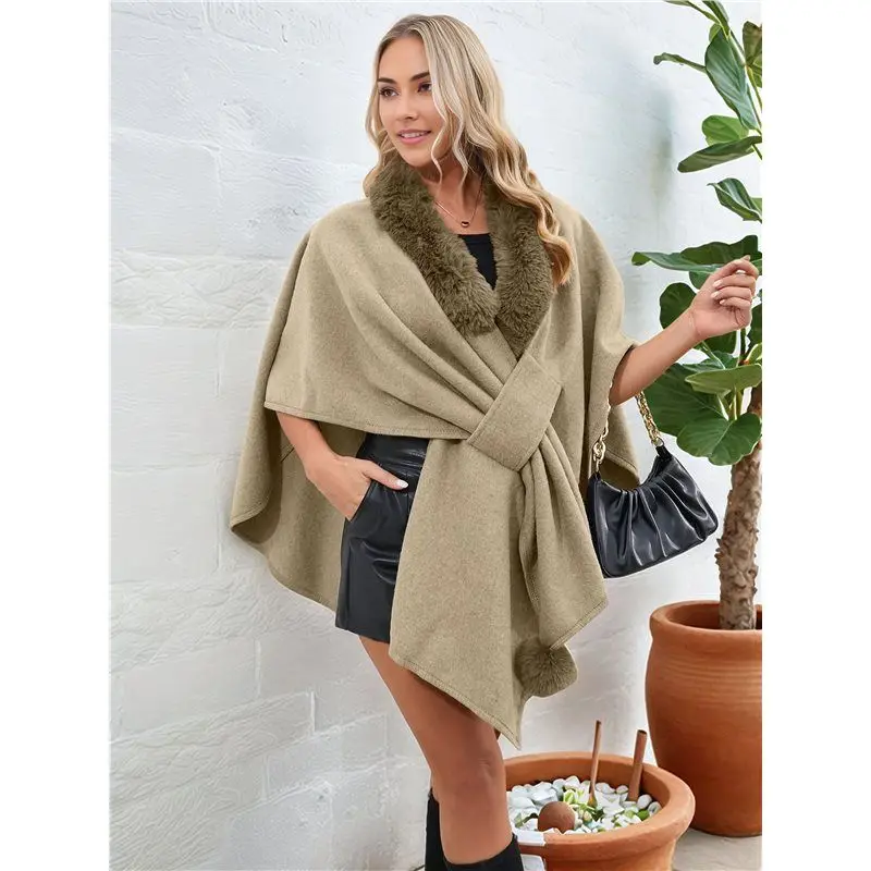 Hot Kf-Women's Open/Cross Front Cardigan Solid Color Poncho Cape Plus Size Knit Wraps For Fall Winter