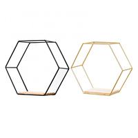 Wooden Board Metal Framed Storage Holder Rack Nordic Wall Mounted Floating Hexagon Shelf Geometric Frame Stand Rack Home Decor