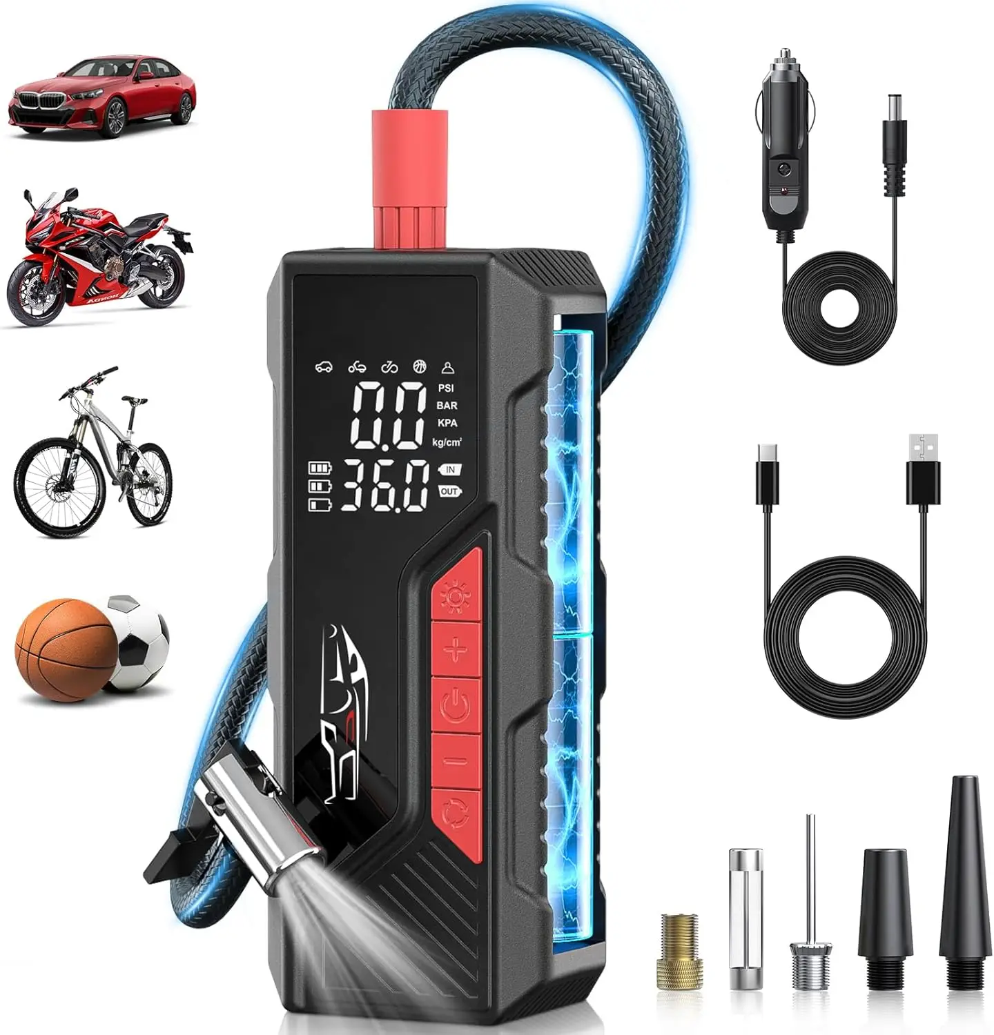 

Portable Tire Inflator 150PSI Cordless Air Pump, Battery & 12V DC, with Pressure Gauge, Auto Shutoff for Car, Bike, Ball, Motorc