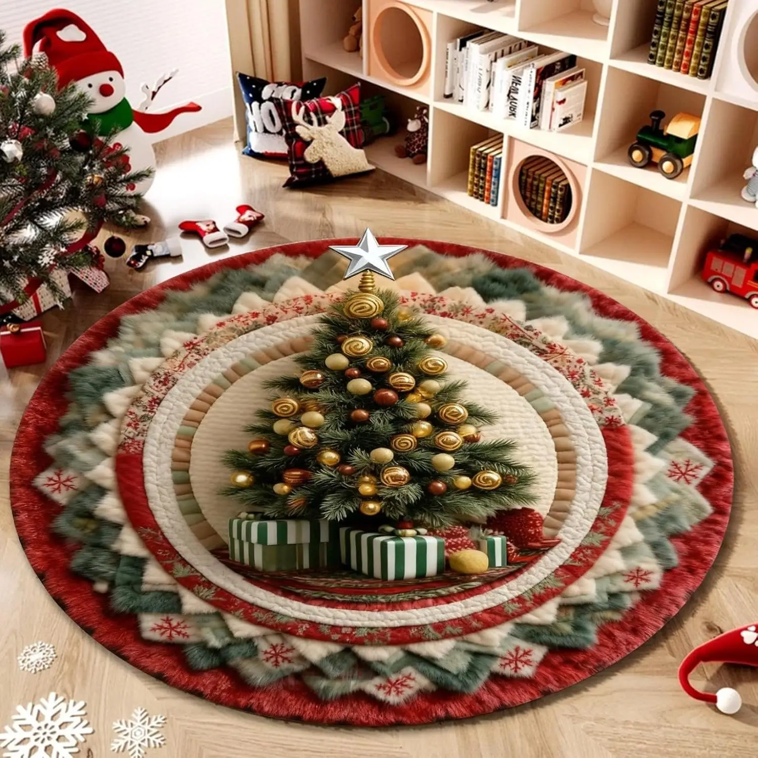 Luxurious Fluffy Christmas Wreath Round Rug Xmas Holiday Polyester Mat for Living Room Home Decor Seasonal Cozy Floor Carpet Acc