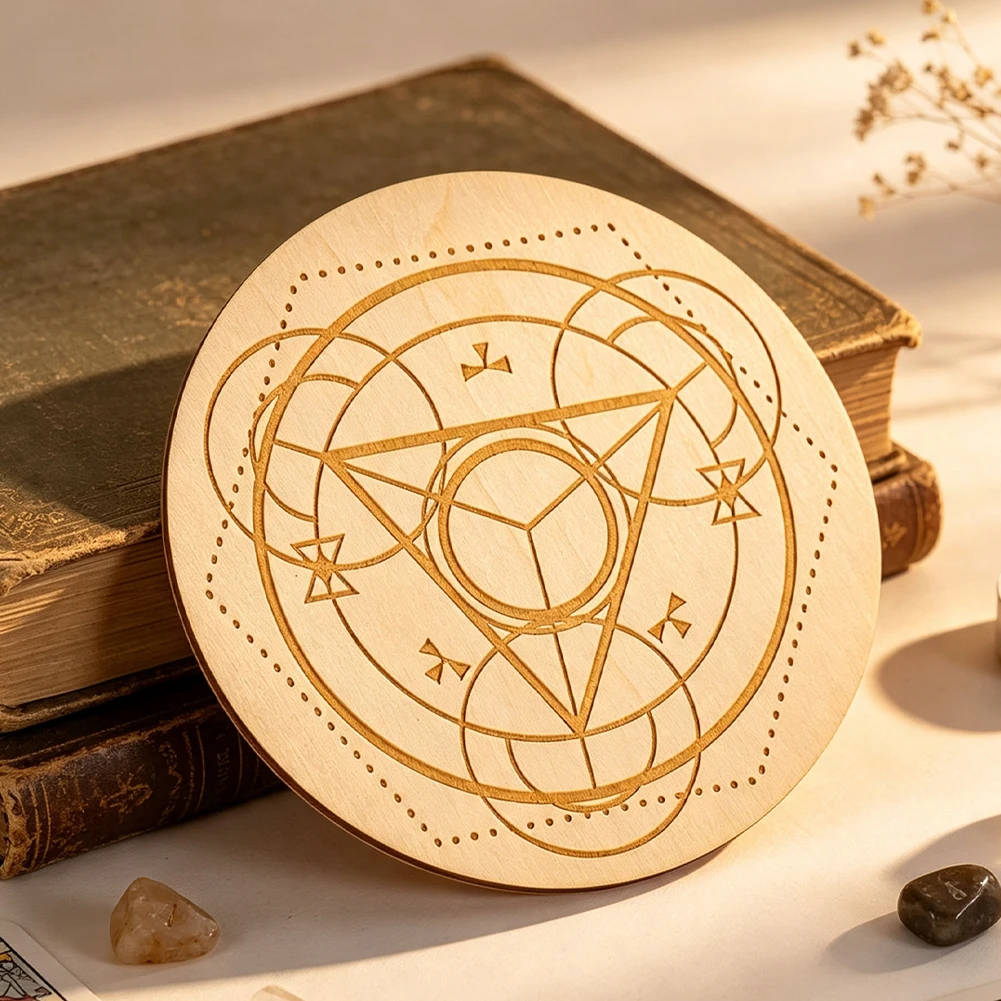 Sacred Geometry Triangle Alchemy Carved Wooden Coaster Sacred Altar Crystal Energy Grid Mat Tea Coffee Cup Pad Decor