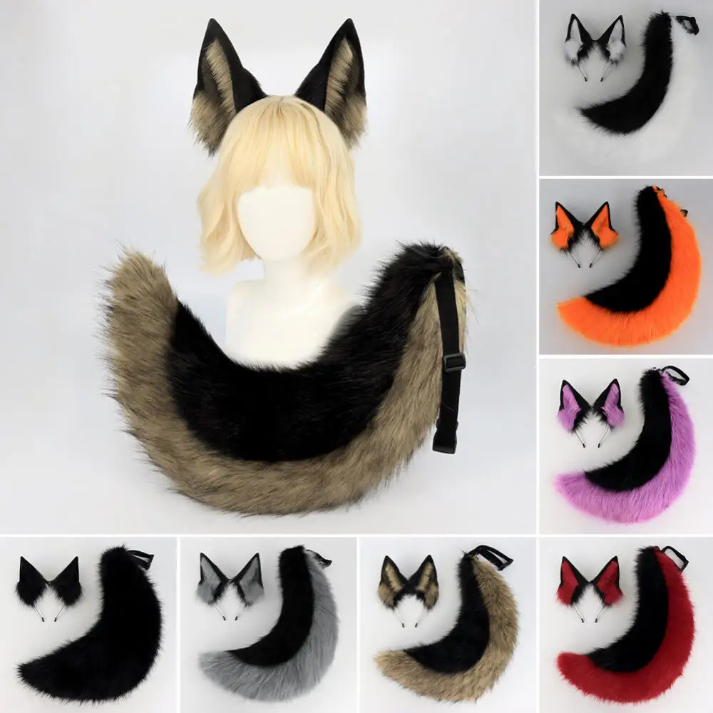 Animal Cosplay Headwear and Tail 2PCS Set Beast Cosplay Ears Wolf Fox Dog Bear Cos Hair Hoop Dog Tail Prop Halloween Accessory