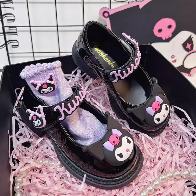 Sanrioed Kuromi Girl Black British Princess Small Leather Shoes Kawaii Anime Soft Soles Babys Shoe Sweet Cute Cartoon Kid Gift