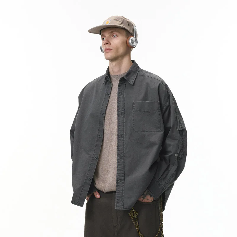High Street Workwear Washed Shirt Tops Men's Autumn New Product Retro Collar Pocket Cardigan Long Sleeved Streetwear Shirt