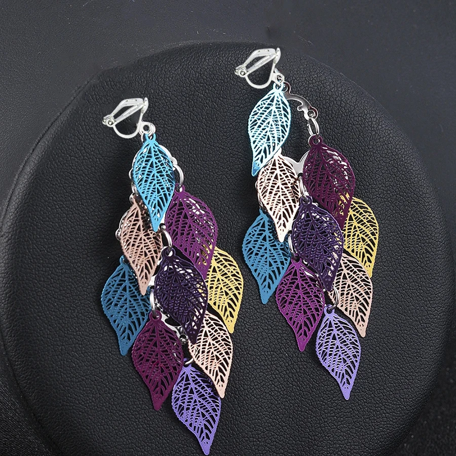 Bohemian Vintage Hollow Leaf Pendant Clip on Earrings for Women No Pierced Colorful Dangle Earrings 2024 New Fashion Jewelry