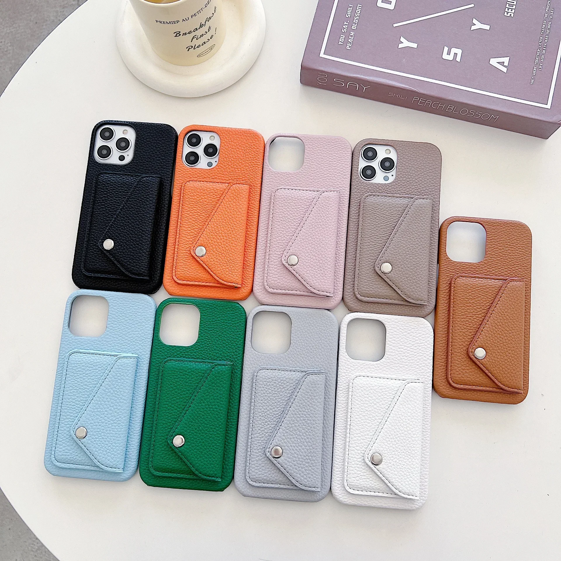 

The New Model Is Suitable for iPhone 15promax Lychee Pattern Card Case 14plus Card Holder 12 13pro Full Set 11 Protection Cover