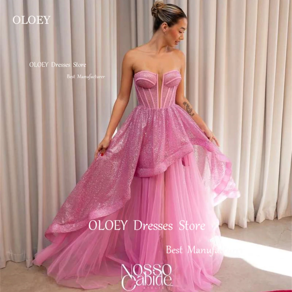 

OLOEY Shiny Fairy Pink Evening Dresses Tulle Floor Length Sleevesless Strapless Formal Prom Dress Photo Shoot Custom Party Gowns