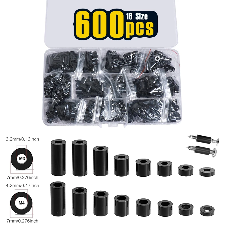 600Pcs,  ABS Round Spacers ID 3mm & ID 4mm, OD 7mm, 2mm-15mm Length, Non-Threaded Washers Suitable for M3 M4 Screws Hardware