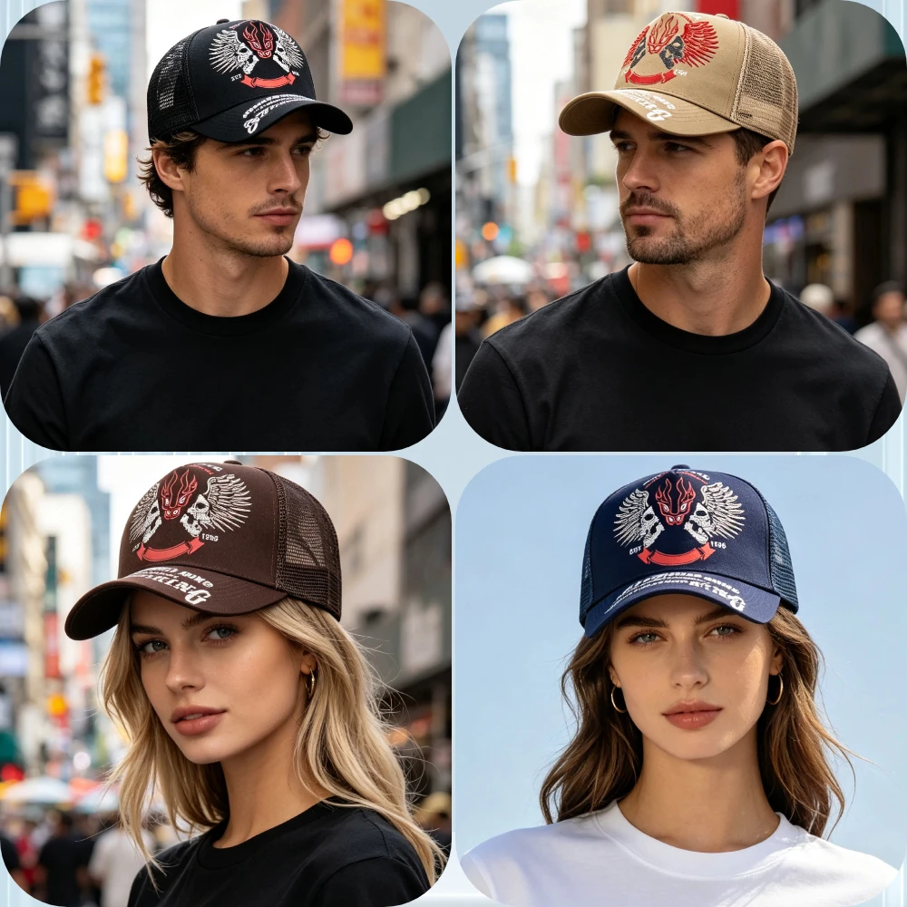 Unisex Vintage Cap Wing Skull Flame Embroidery Trucker Hat Breathable Mesh Snapback Cap Motorcycle Outdoor Sports Baseball Cap