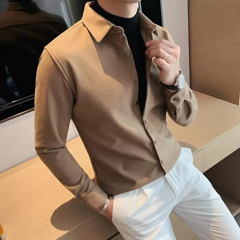 

Slim Fit Shirt Men's Lapel Single-breasted Solid Color Shirt Slim Fit Soft Casual Breathable Mid Length Top for Fall Spring Long