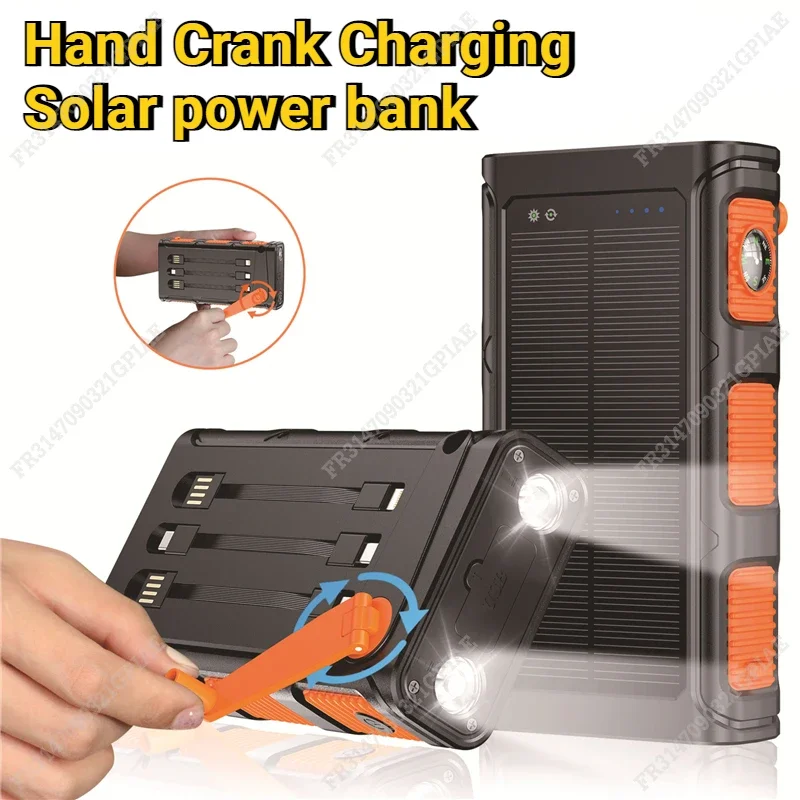 Hand Crank Solar Power Bank 10000-40000mAh with Cable Camping Light PD 20W Fast Charging Powerbank for iPhone Xiaomi Poverbank