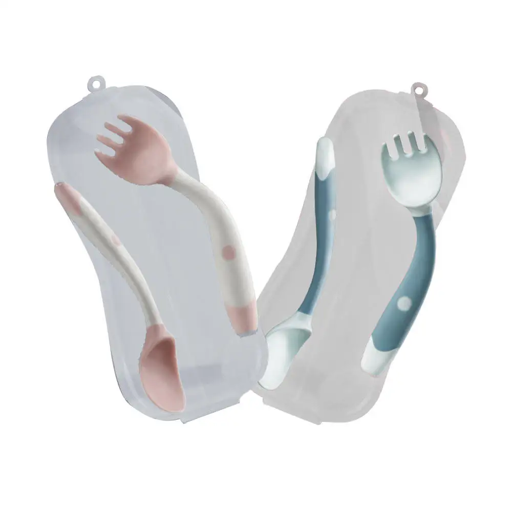 2Sets Baby Eating Training Fork Spoon Bendable Flexible Tableware Safe PP Tpe Non-Skid Handle Toddler Feeding Cutlery