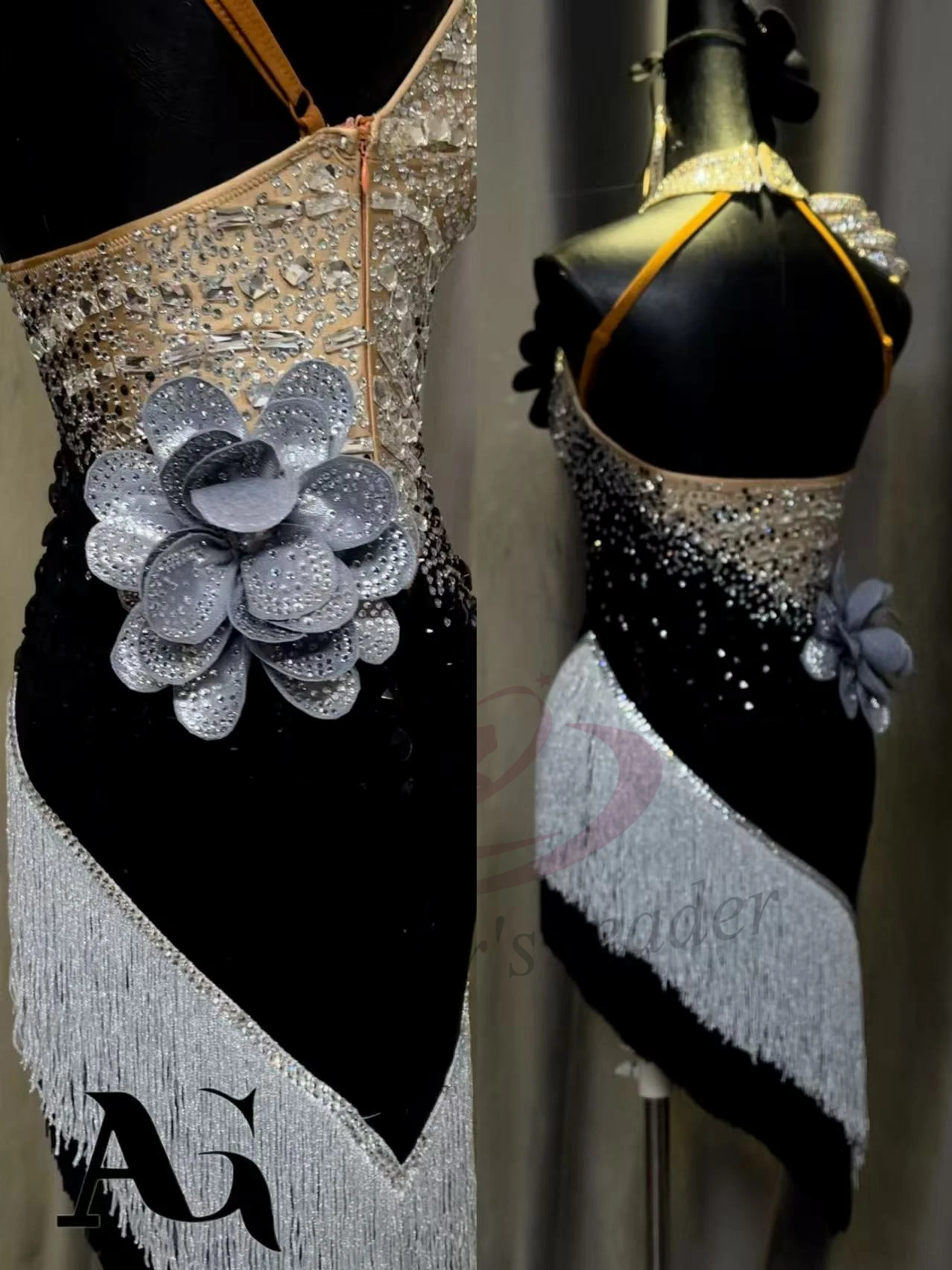 الرقص اللاتيني AB Stone أنثى الكبار الأطفال الراقية مخصصة غالاكسي التدرج فستان أسود بركة السامبا أداء اللباس #4