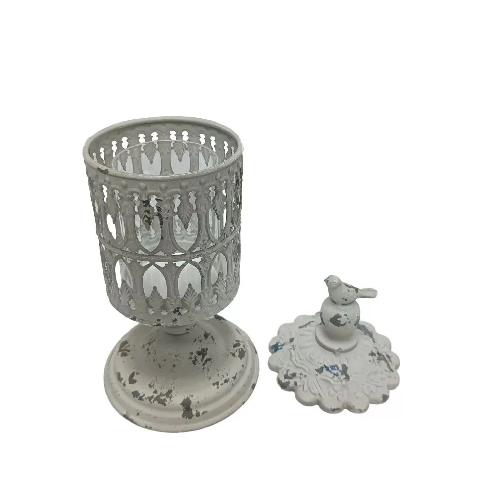 Decorative Metal Candle Holder with Bird Finial, Distressed White Finish, Openwork Design Lantern, 30cm Height, Vintage Style