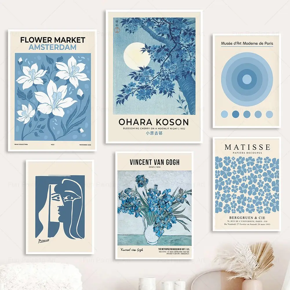 Blue Gallery Wall Prints Matisse Ohara Koson Canvas Painting Bauhaus Picasso Flower Poster Vintage Living Room Art Picture Decor