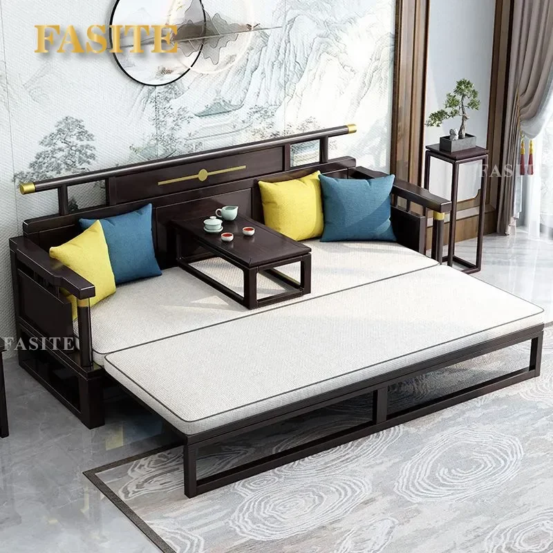 For Chinese Solid Wood Arhat Bed Sofa Zen Style Telescopic Sliding Daybed for Small Apartment Living Room Space Saving