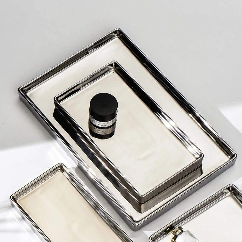 Nordic Light Luxury Electroplating Silver Ceramic Tray Rectangular Storage Tray Jewelry Tray Home Living Room Decoration Modern