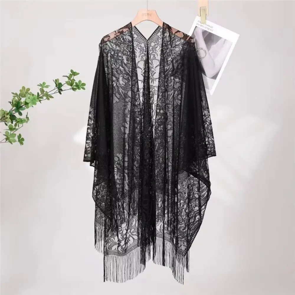 Floral Lace Beach Bikini Cover Up Hollow Floral Loose Fit Kimono Wrap Tassel Fringe Multi-Purpose Open Front Cardigan For Women