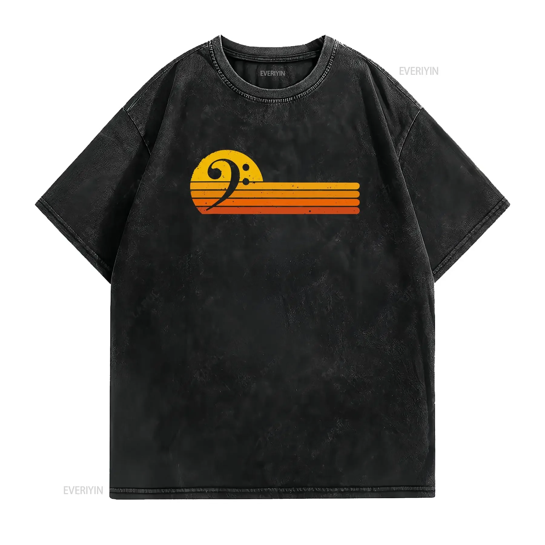 Retro Bass Clef T Shirt Creative Vintage Music Lover Musician  vintage Washed Casual Versatile Top For Everyday Wear Stretched
