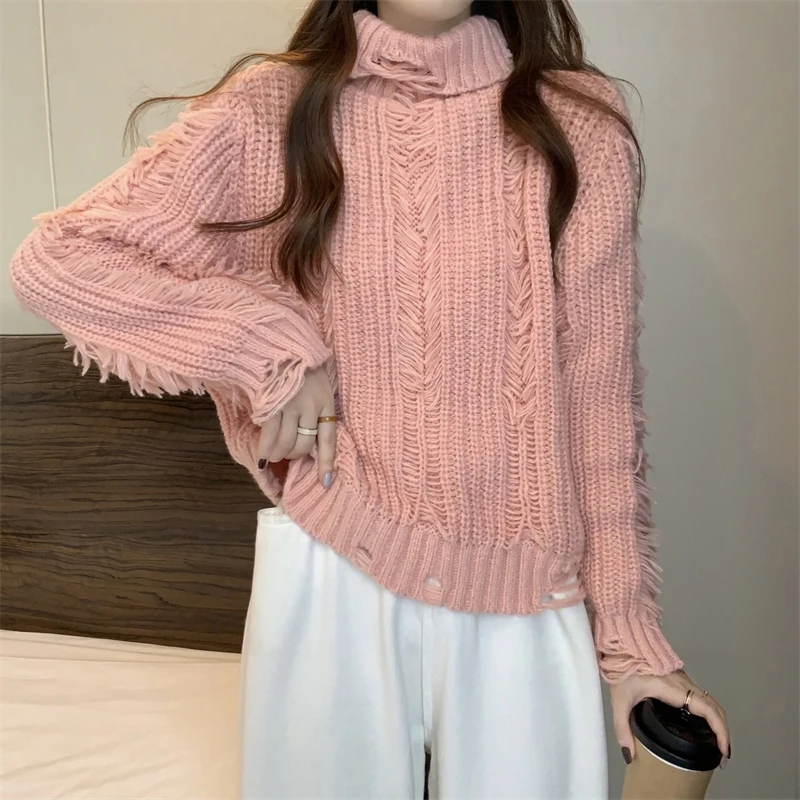 Pull Femme 2023 kobiet zimowe swetry z golfem gruby ciepły rękaw w kształcie skrzydła nietoperza Pull Jumper kobiety Twisted Hole swetry sweter Top