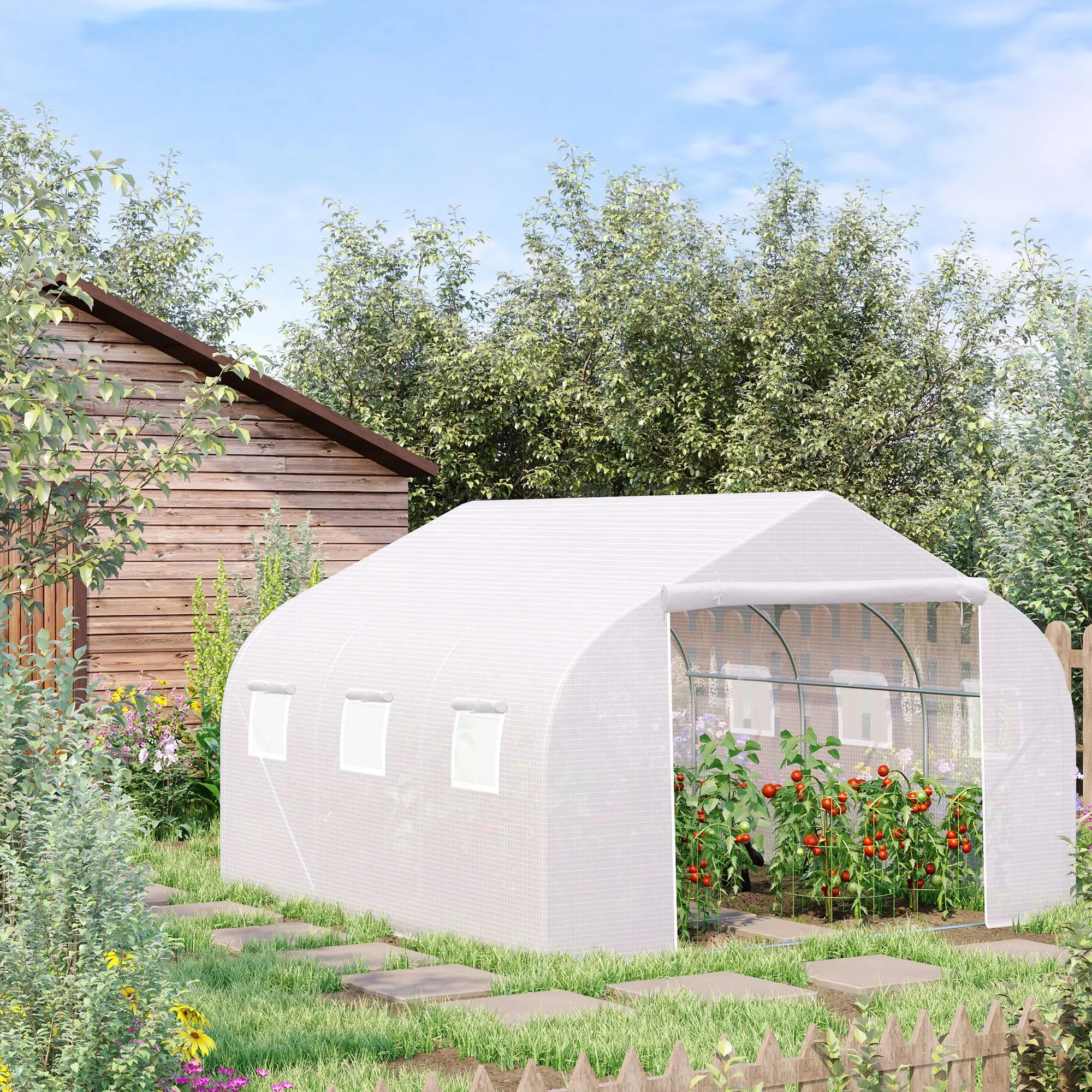 Image 3: Serre tunnel Outsunny 3,5 x 3 x 2 m serre de jardin avec 6 fenêtres et couvercle en polyéthylène Pe 140 G/M2 blanc