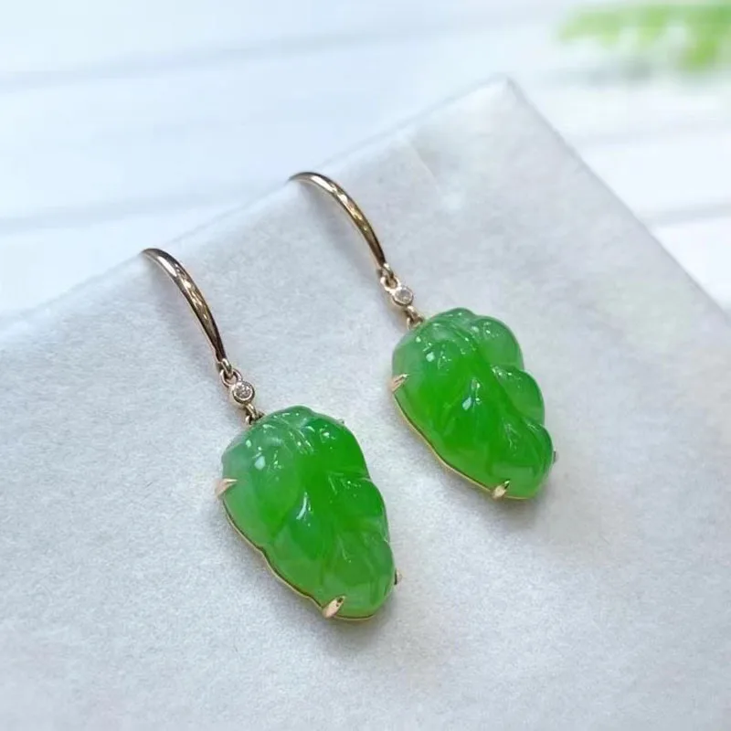 Factory direct sale 18K gold inlaid natural jasper, apple, green leaves, ear hooks, jade earrings, earrings, custom wholesale